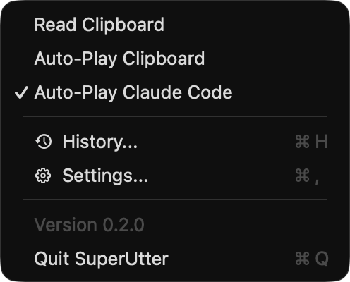 SuperUtter menu-bar dropdown