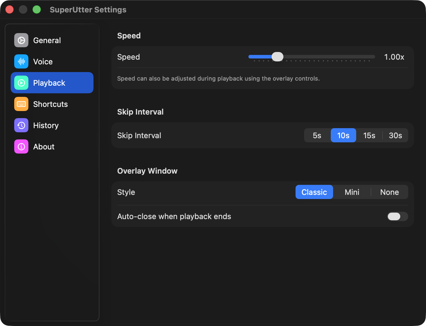 SuperUtter settings — Playback